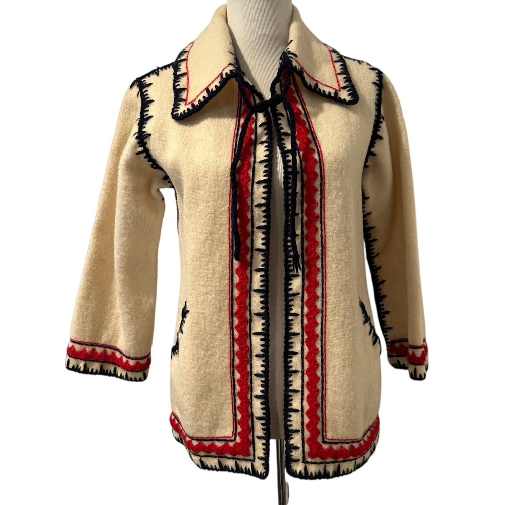 Cream Vintage  wool Cardigan with Red and BlueTrim